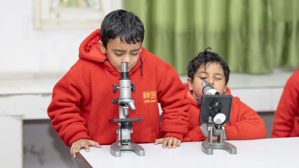Children exploring a microscope in the science lab